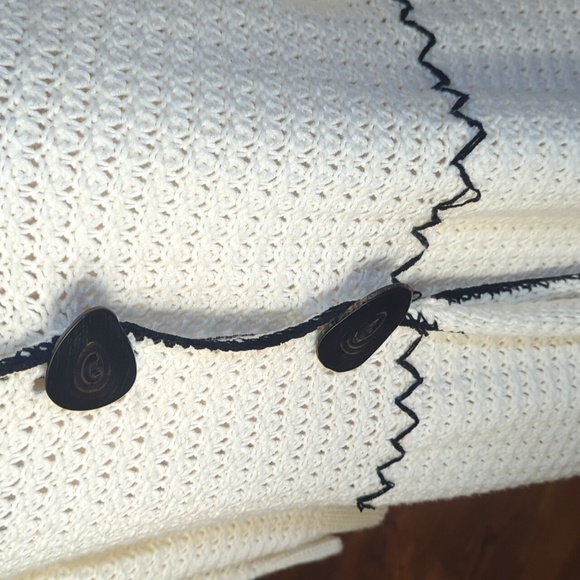 Y2K Cream Cardigan Knit Long Duster Bohemian Black Trim Funky Large Buttons Sz L - Picture 6 of 11